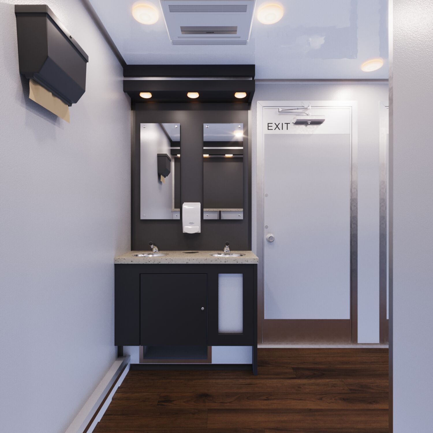 Elegant Restroom Corner with Ample Amenities Corner view inside a luxury restroom trailer highlighting a sink, mirror, and well-lit vanity area.